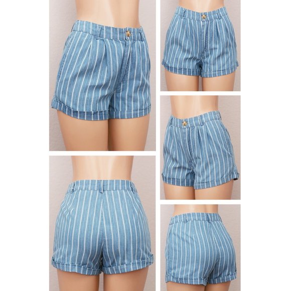 Denim Blue Striped 100% Cotton High Waist Shorts - Picture 4 of 10